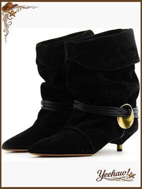 Slouchy Ankle Boots - Pointed Toe Kitten Heels Wide Calf Boho Suede Fold Over